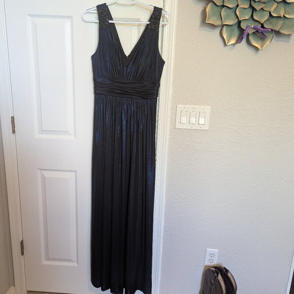 Grecian Draped Calvin Klein Gown | 8 | CRUISE READY | Iridescent Midnight Blue - Picture 1 of 11